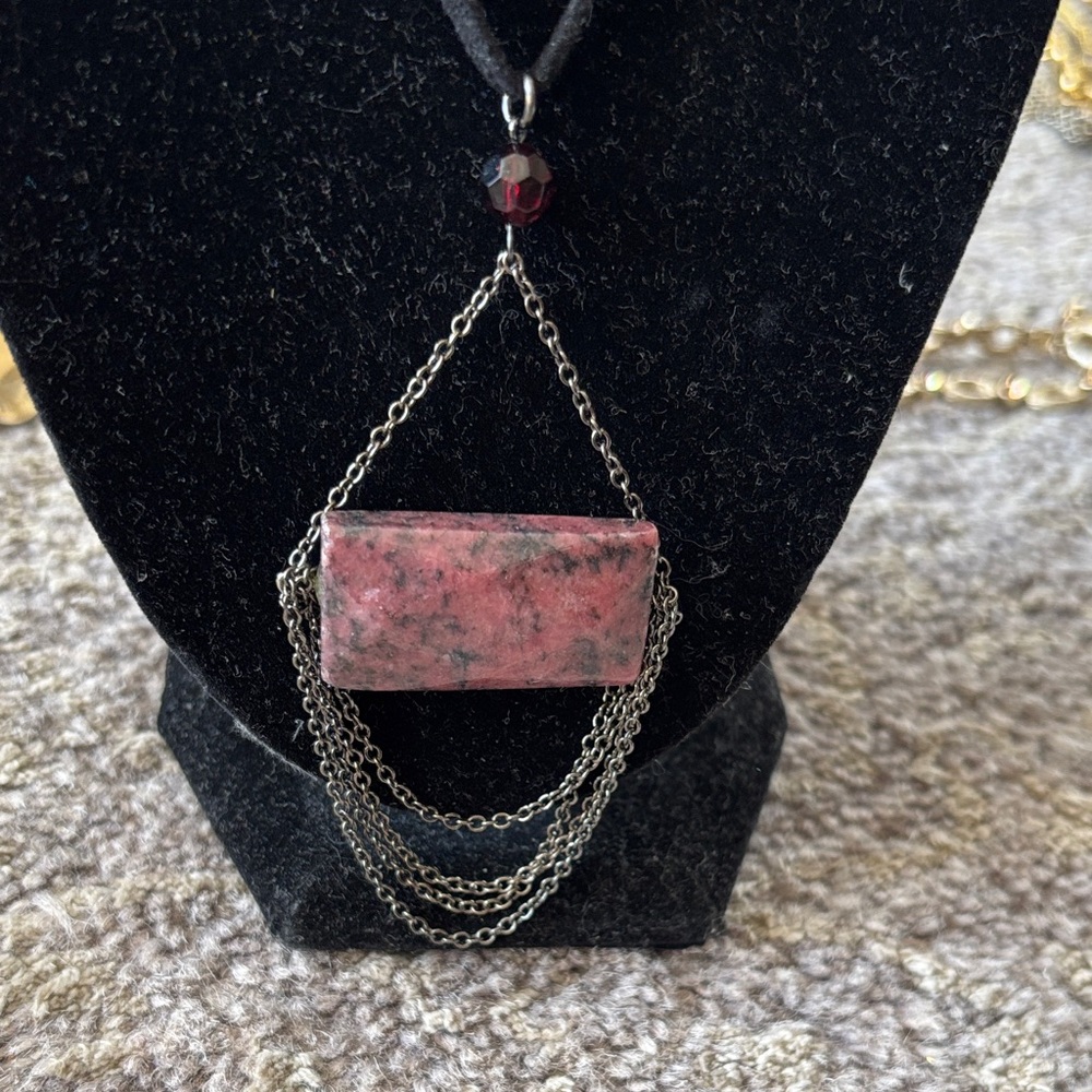 Elegant Rhodonite Stone Pendant Necklace on suede cord